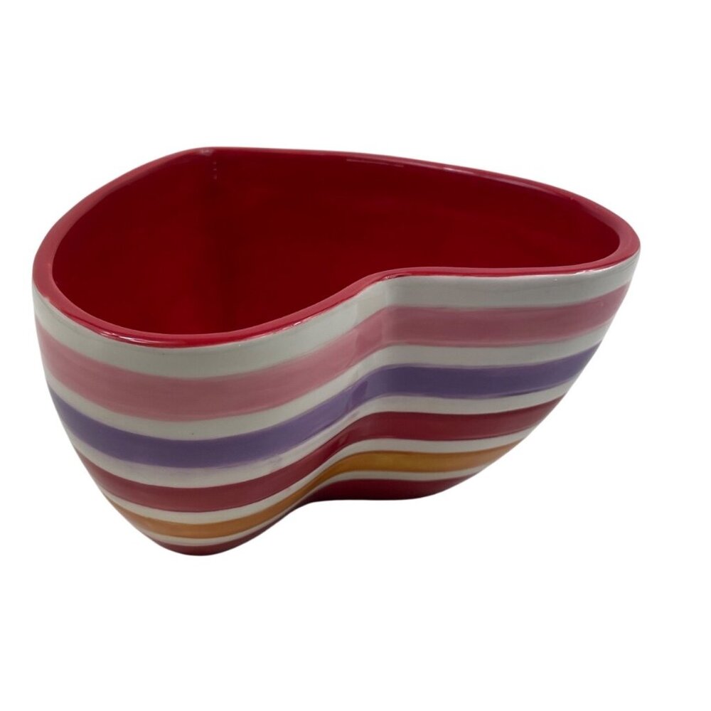 Heart-Shaped Ceramic Bowl With Multicolor Stripes Red Interior 6" Diameter - Picture 6 of 13
